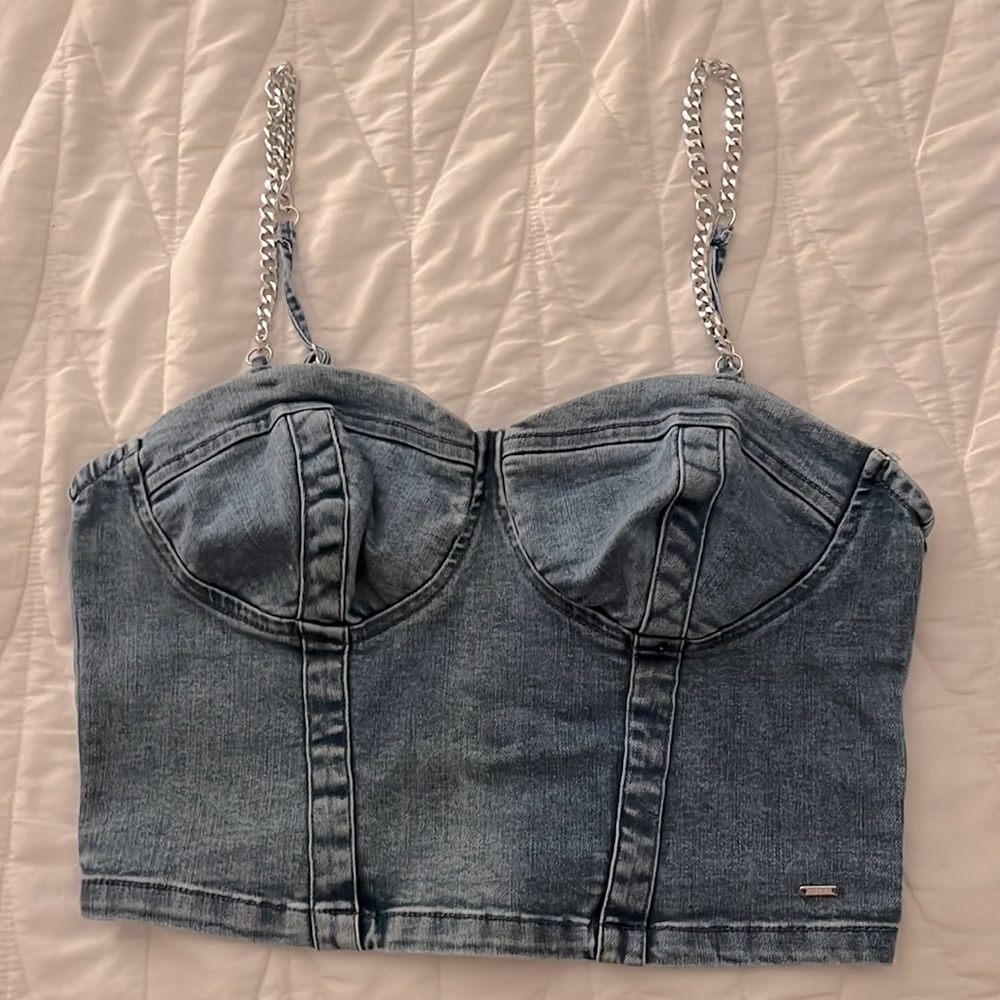 Giddyup! Guess Jeans denim corset bustiere, size S, chain link straps adjustable